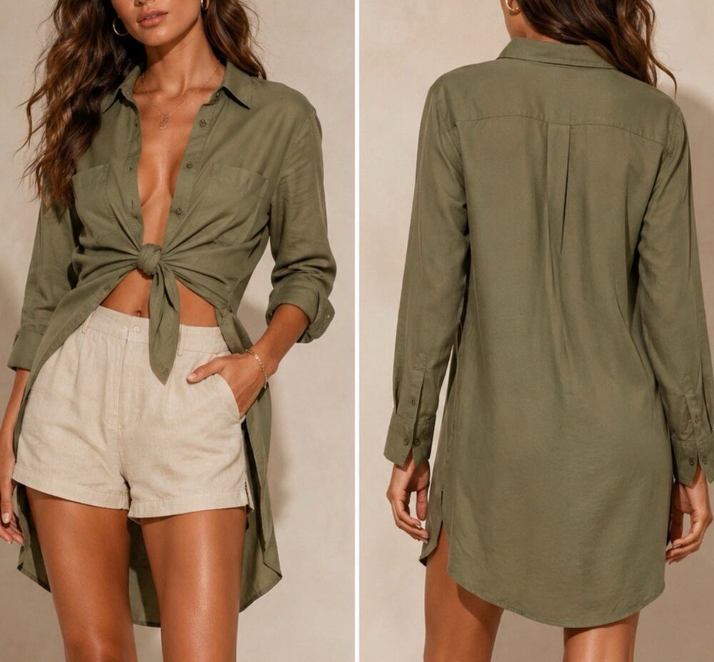 H&M 100% Viscose Olive Green Long Sleeve Tie Shirt Dress XS Button Front Tunic